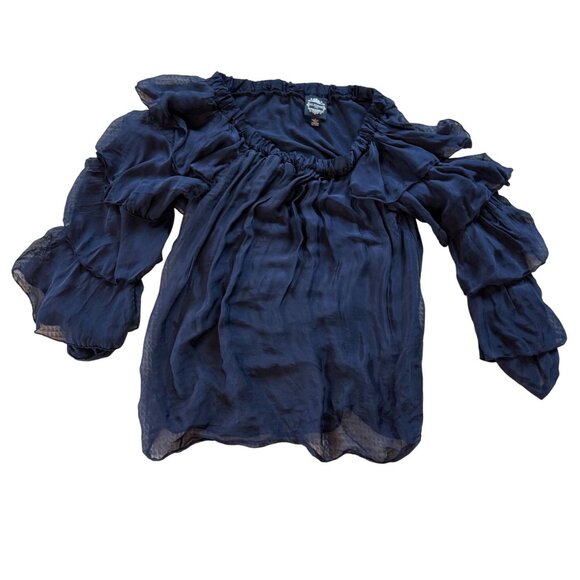 Le Marais Sheer Ruffle  Peasant Blouse Top Large Tiered Sleeves Ruched Neckline - Picture 1 of 8